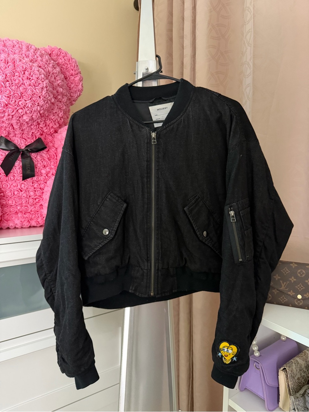 Moussy Black Bomber Jacket with Heart Patch Sleeve